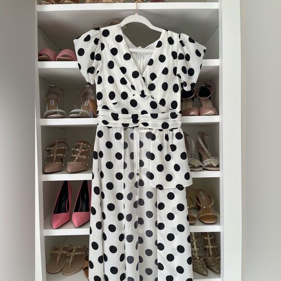 black and white polka dot puff sleeve wrap long blouse Size XS - Picture 5 of 11